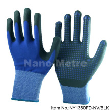 NMSAFETY 13 gauge navy blue nylon and spandex coated black foam nitrile dots on palm